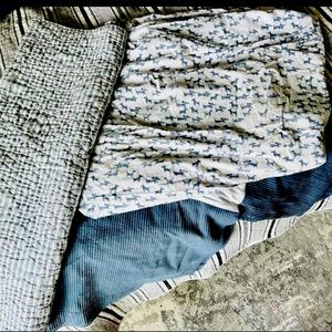 Pottery Barn Baby sleep set. dogs on fitted sheet, blue corduroy skirt and quilt